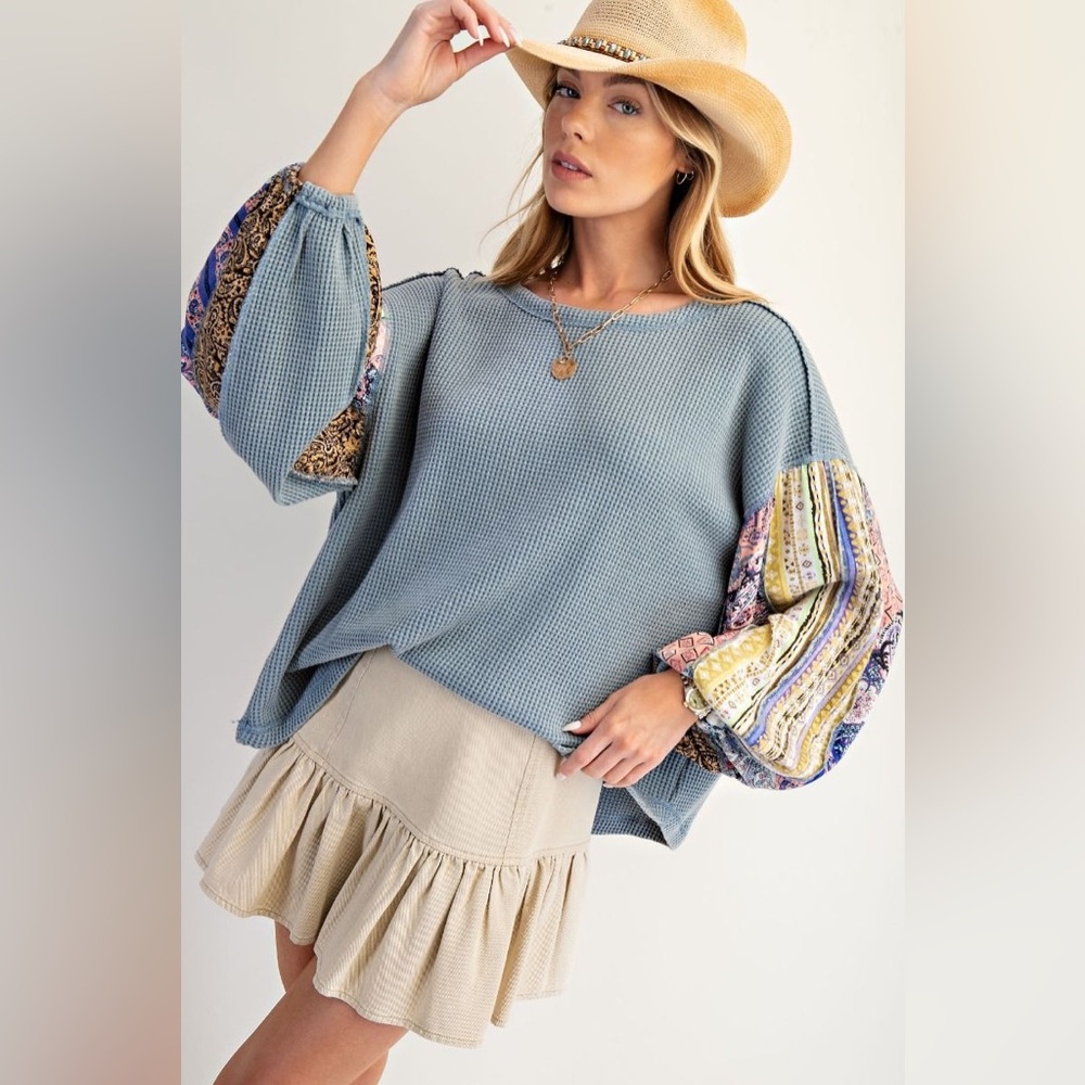 #061 Sale 🥳Easel Bohemian Blue Patchwork Sleeve Top
